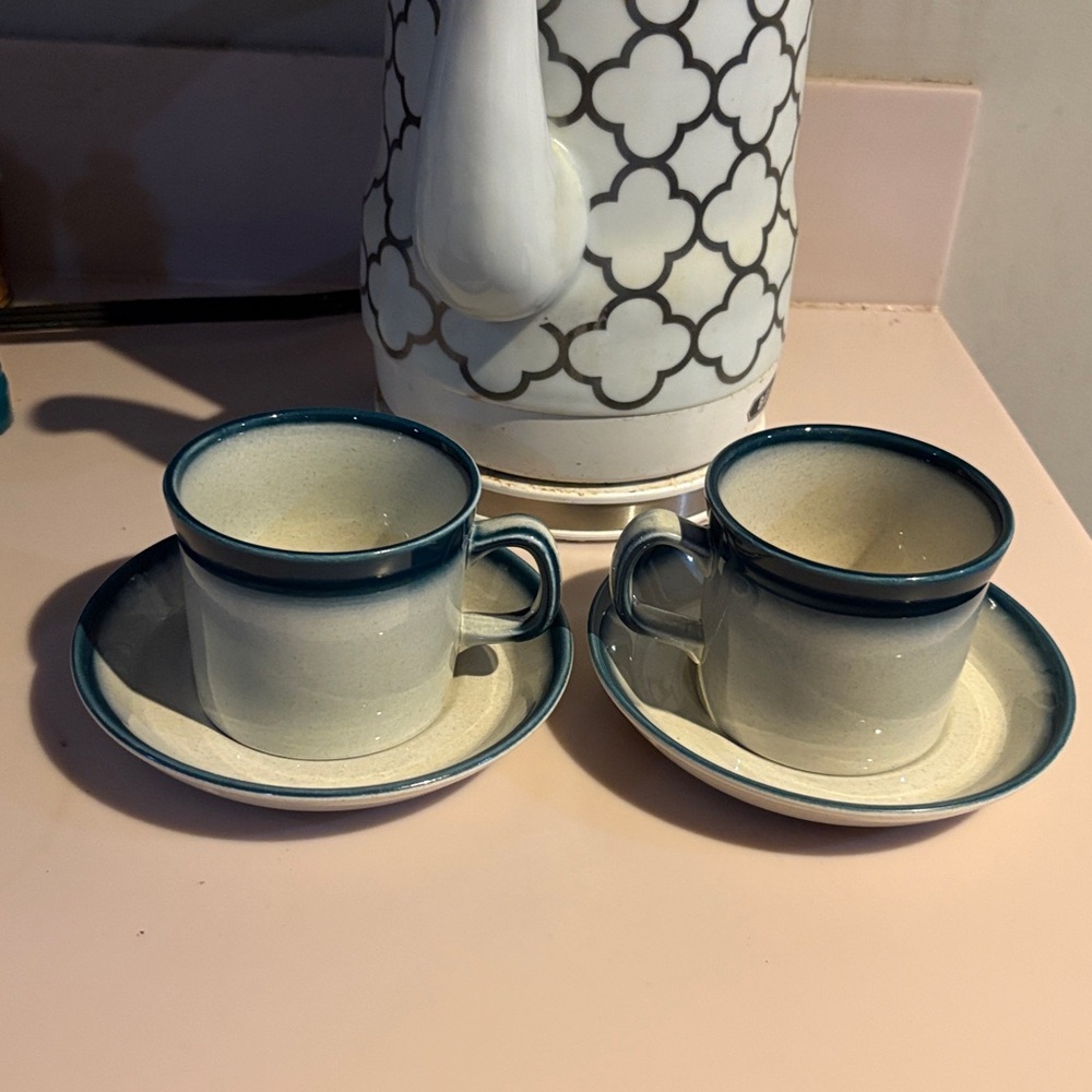 2 Wedgewood Blue and Pacific Tea Cups With Saucers.